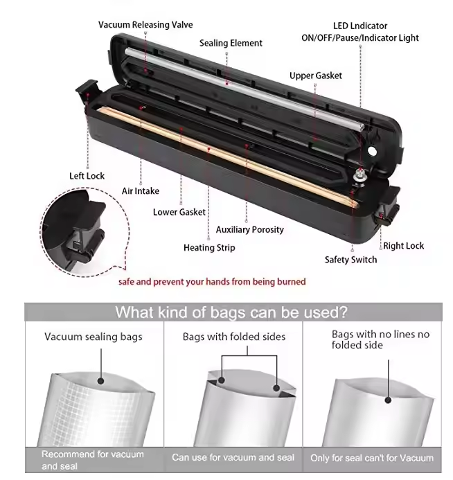 Custom Logo Manufacturing Automatic Food Vacuum Sealer Home Portable Packaging Electric Vacuum Food Sealer 10 Bags